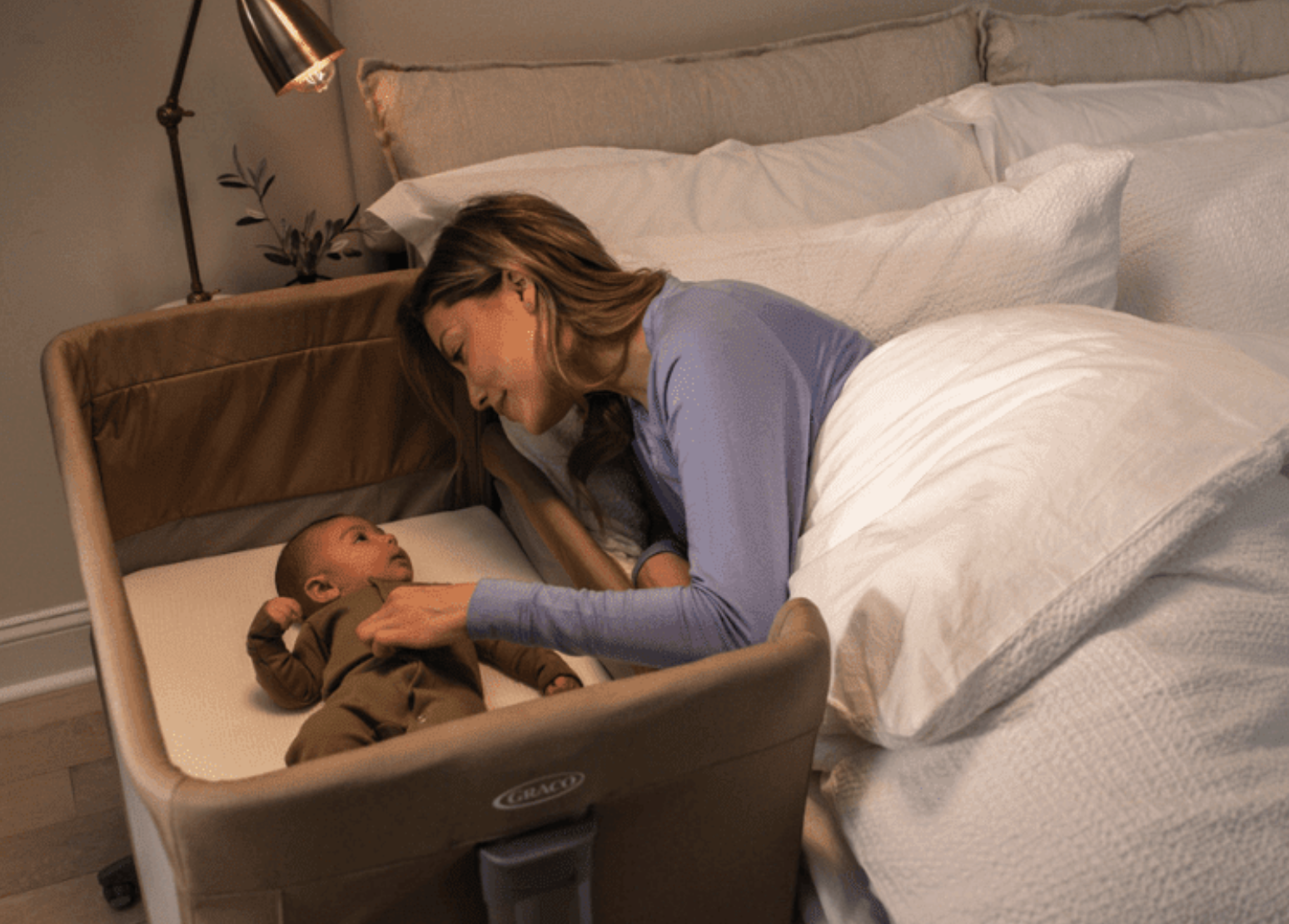 Image showing a crib and bed to illustrate safe sleeping environment considerations for infants and HDM exposure