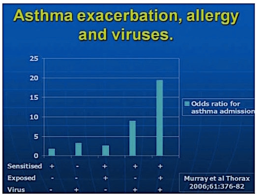 Diagram illustrating the synergistic relationship between house dust mites, viruses, and asthma.