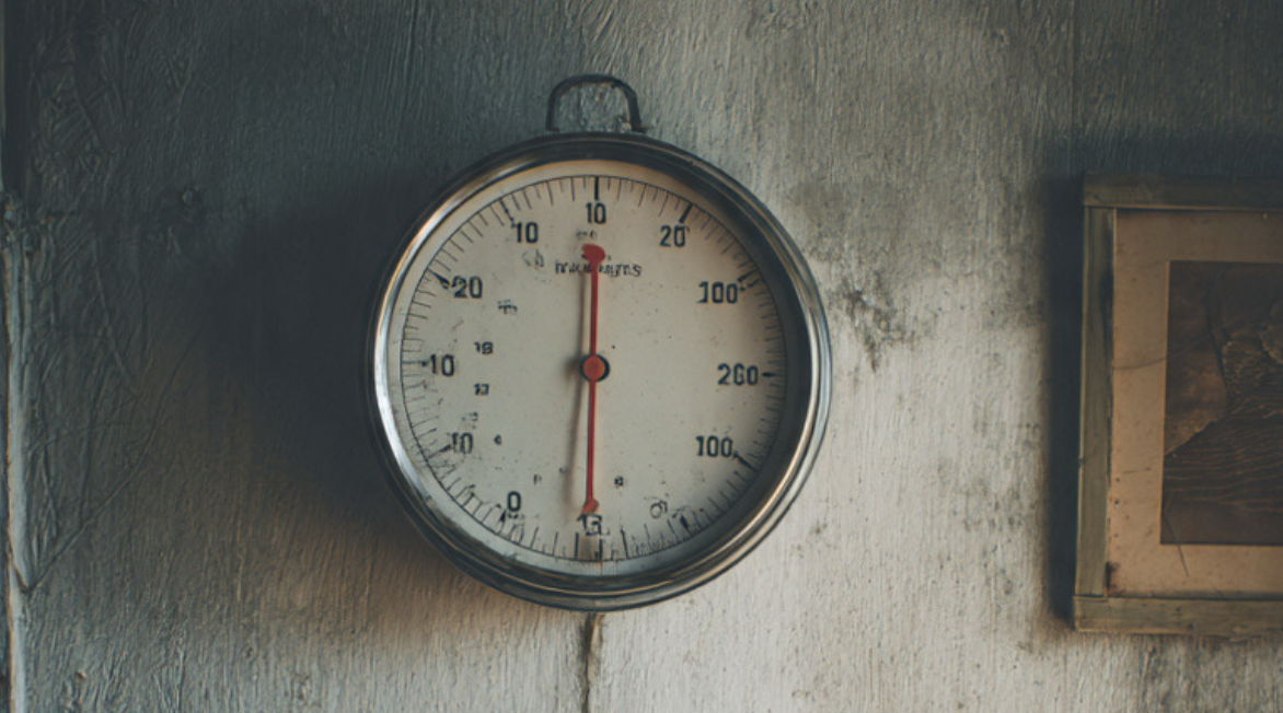 Humidity gauge showing low relative humidity in a bedroom